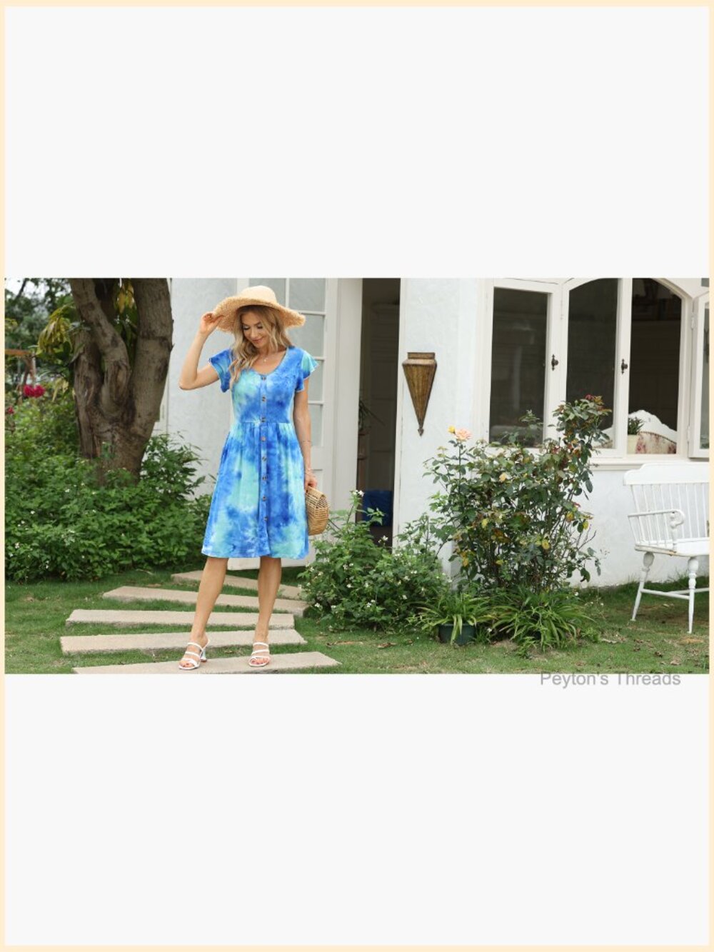 Women's Cap Sleeve V-Neck A-Line Swing Dress with Pockets - Casual Summer - Picture 5 of 7